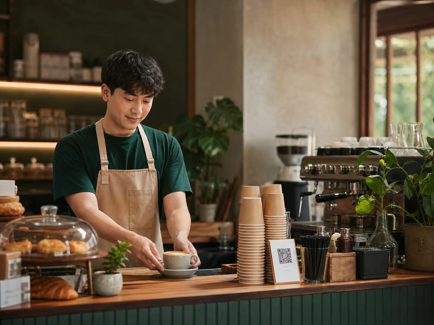 An independent café barista serving coffee